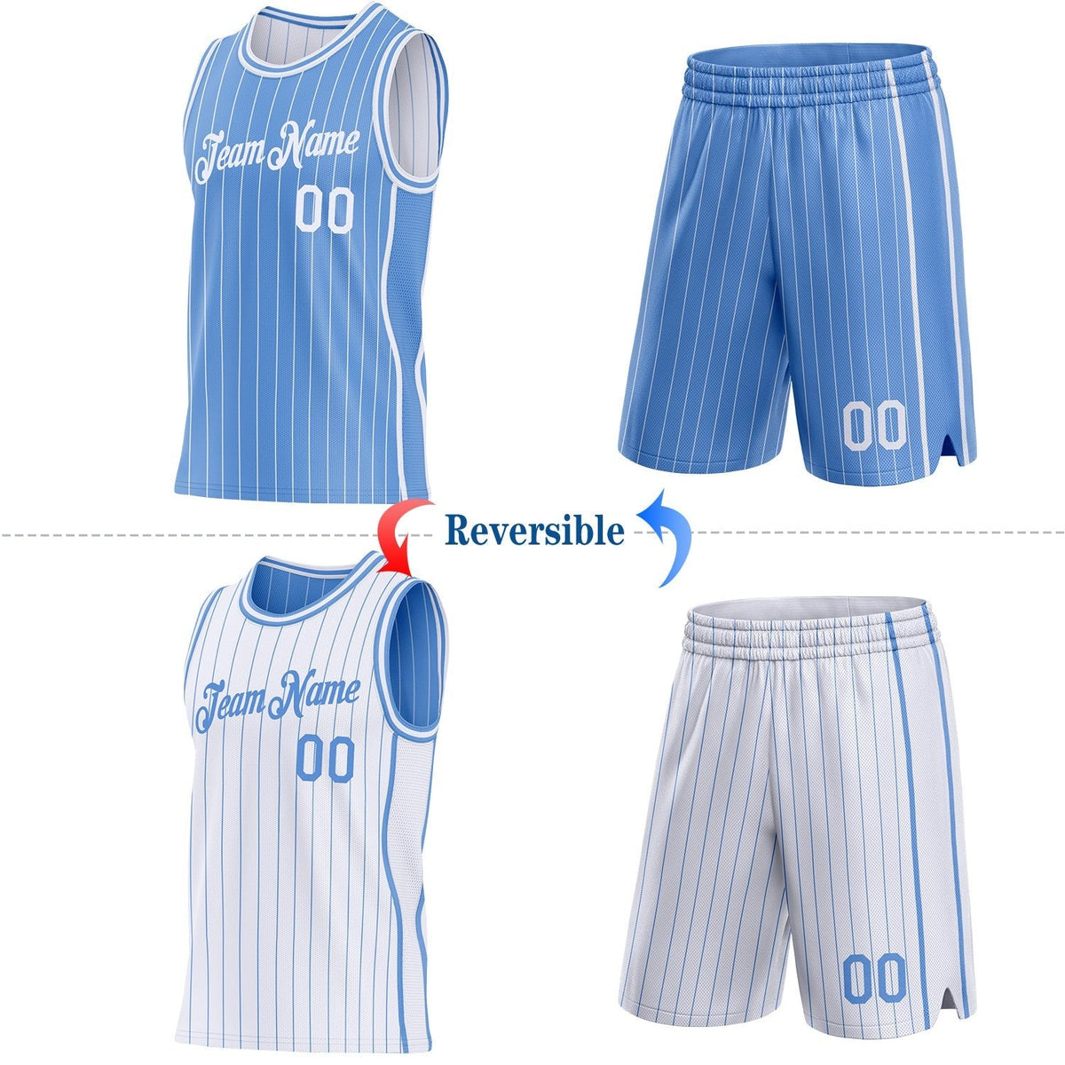 Custom Light Blue White Pinstripe Side Panels Reversible Double Side Sublimation Basketball Set Jersey photo 2