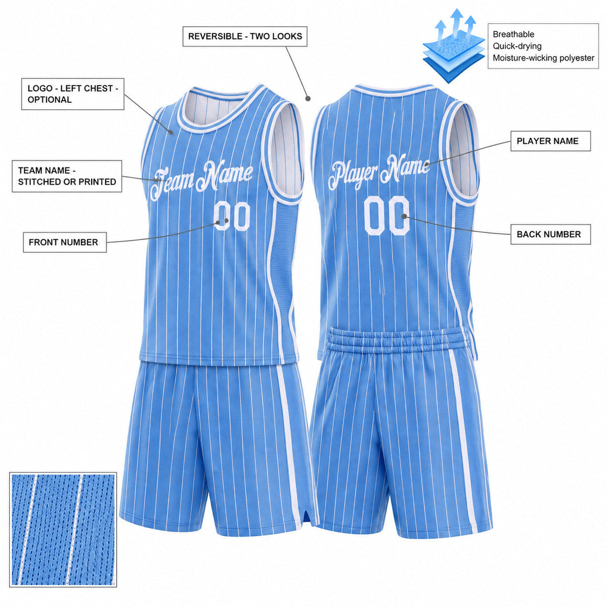 Custom Light Blue Side Panels Pinstripe Reversible Basketball Jersey Set with White Lettering customization guide