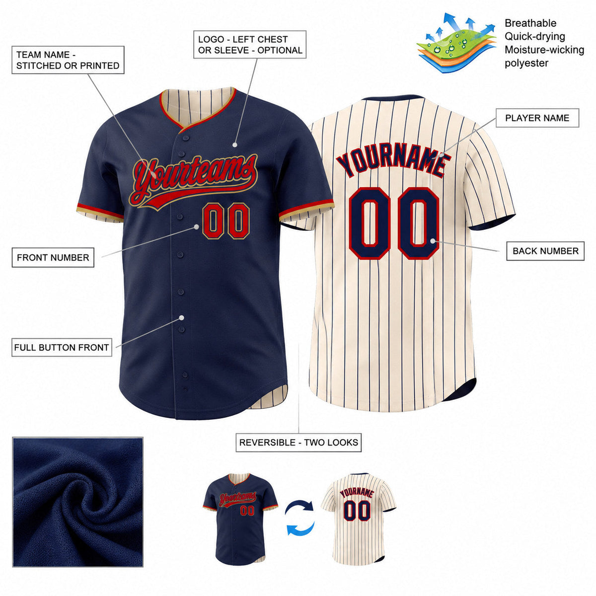 Custom Navy Button Down Pinstripe Reversible Baseball Jersey with Cream Lettering customization guide
