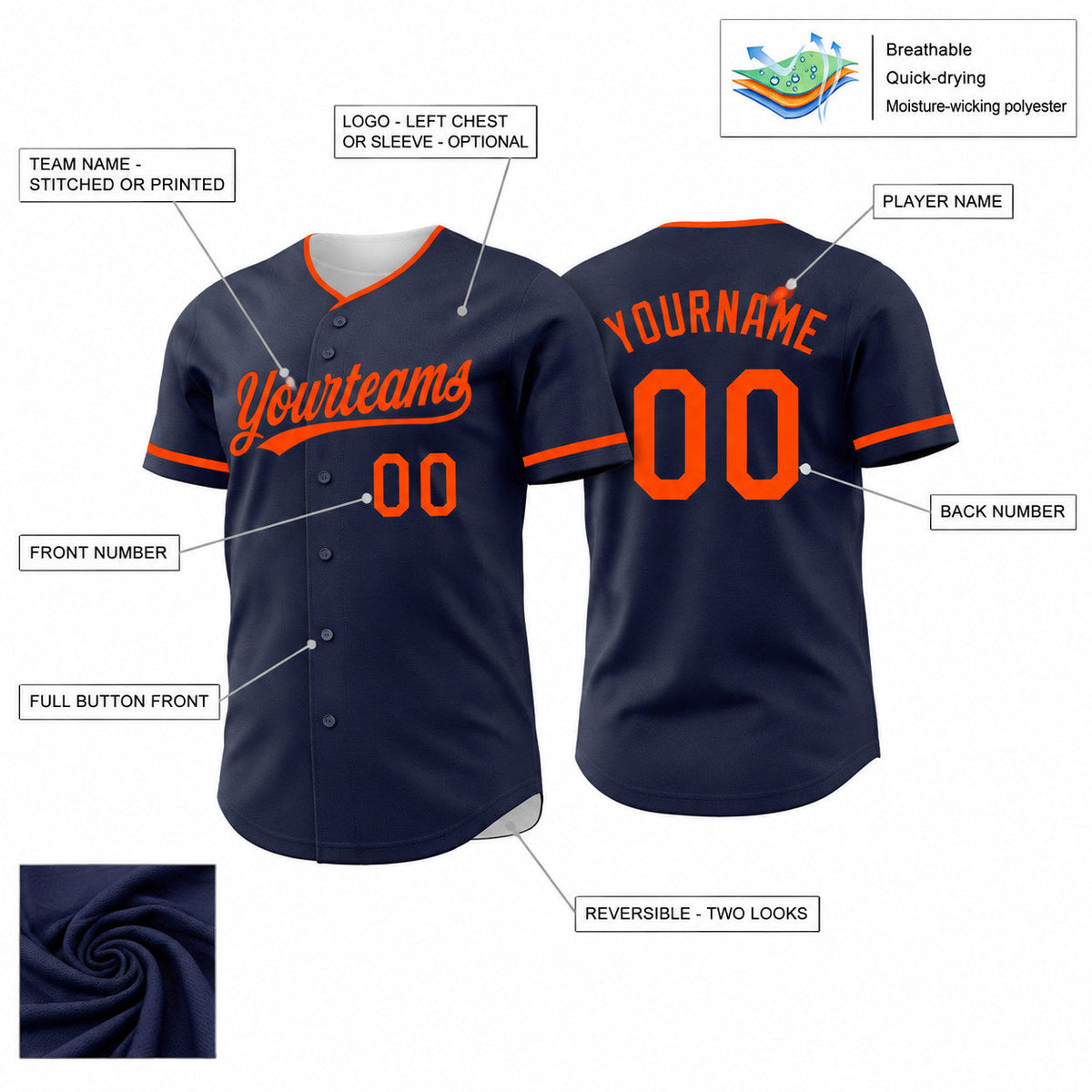Custom Navy and Orange Button Down Reversible Baseball Jersey Design 1583 customization guide