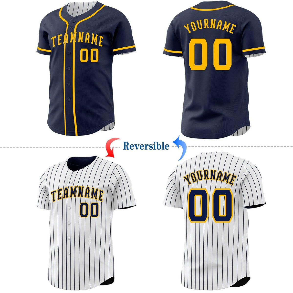 Custom Navy White Navy Pinstripe Reversible Button-Down Baseball Jersey photo 2