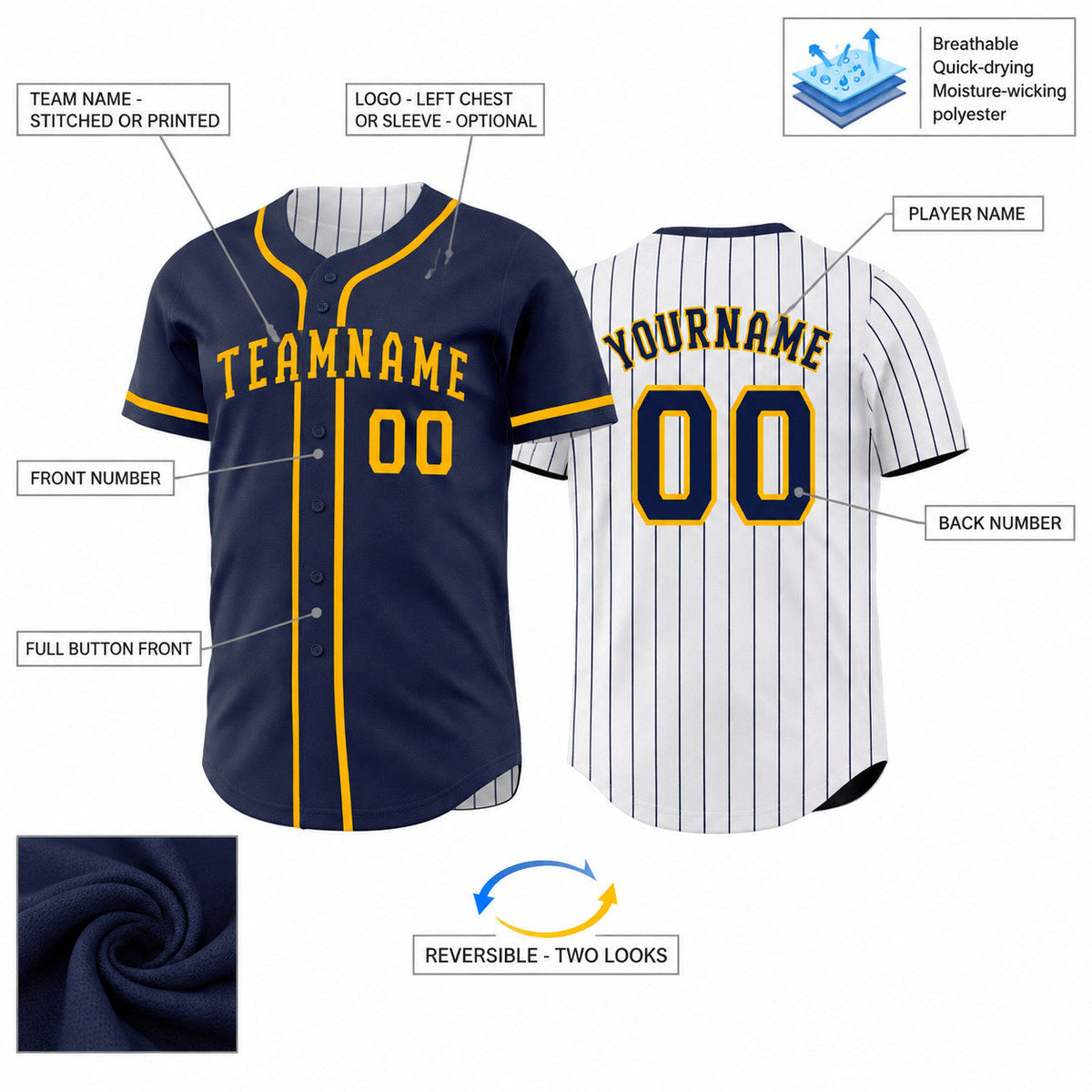 Custom Navy Button Down Pinstripe Reversible Baseball Jersey with White Lettering Design 1585 customization guide