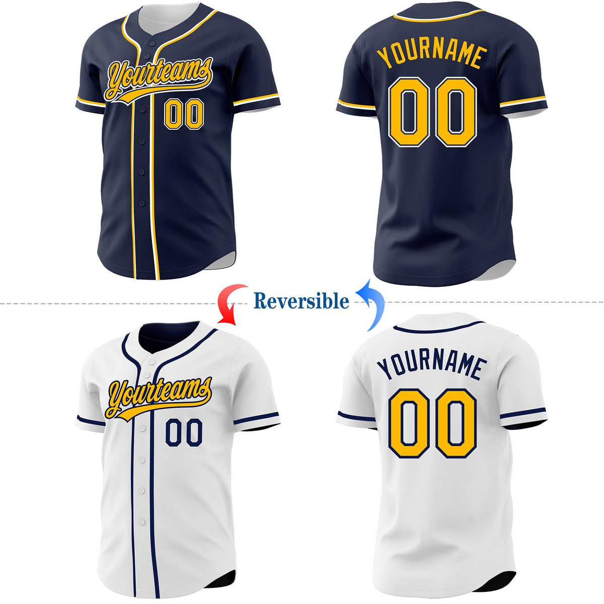 Custom Navy Gold-White Reversible Button-Down Baseball Jersey photo 2