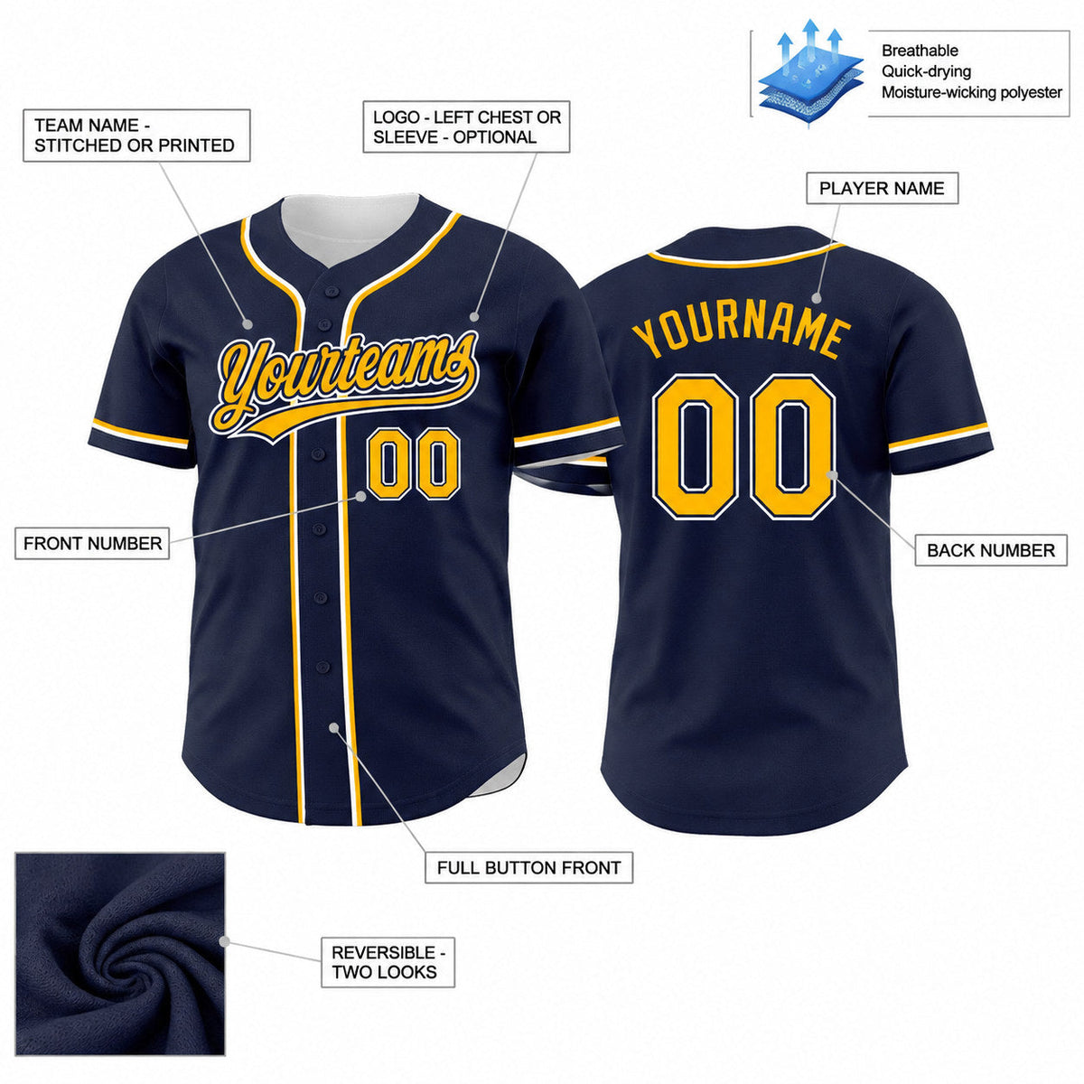 Custom Navy Button Down Reversible Baseball Jersey with Gold and White Lettering customization guide
