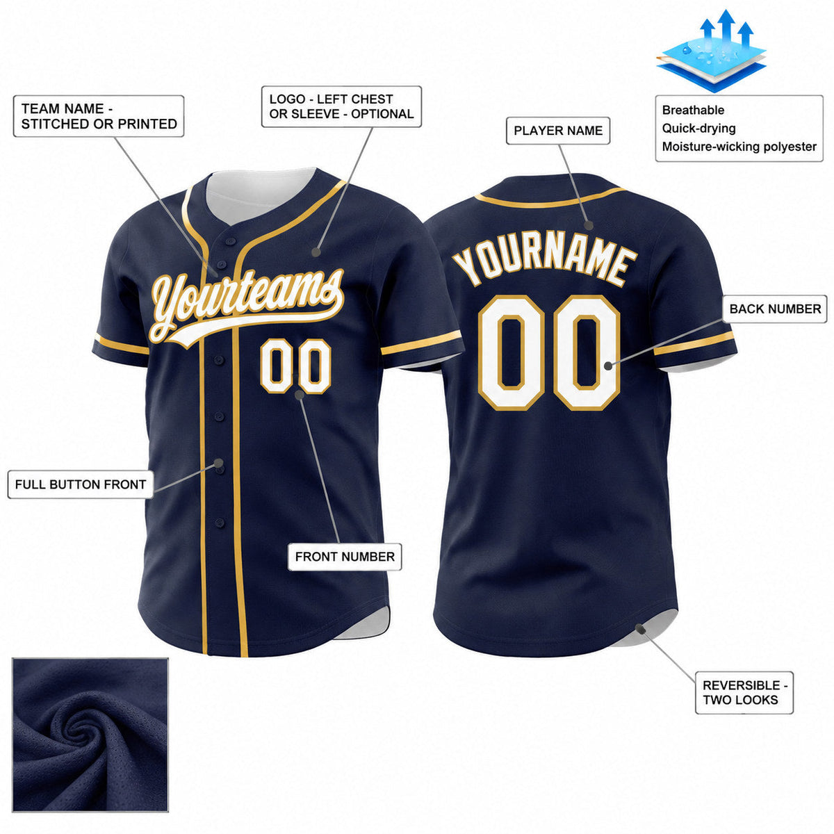 Custom Navy Button Down Reversible Baseball Jersey with White and Old Gold Lettering customization guide