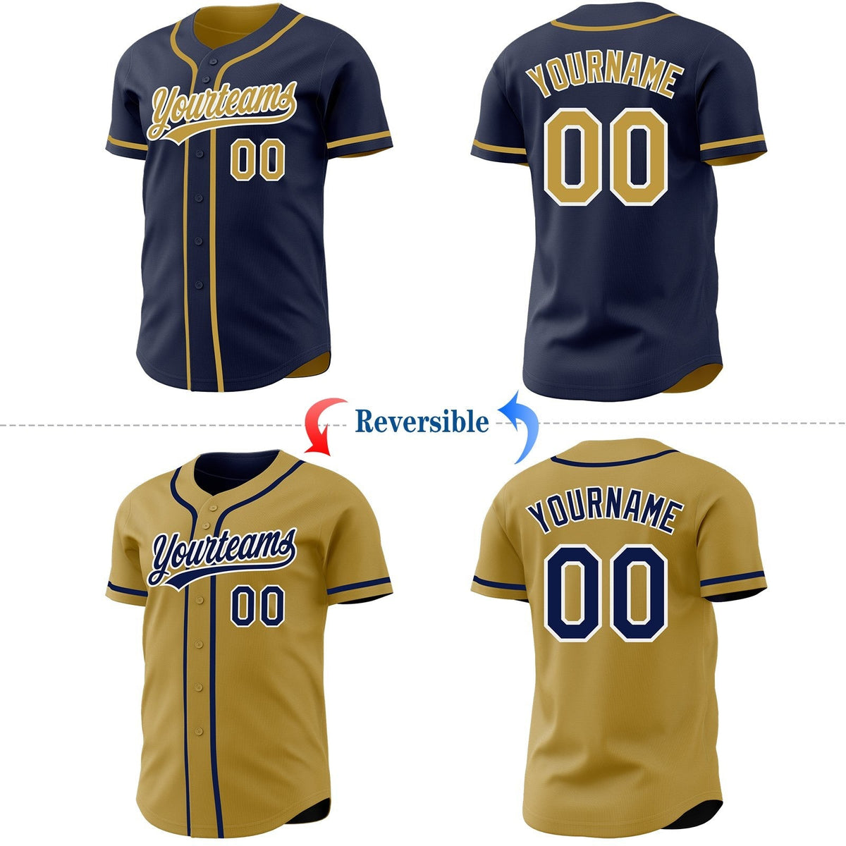 Custom Navy Old Gold-White Reversible Button-Down Baseball Jersey photo 2