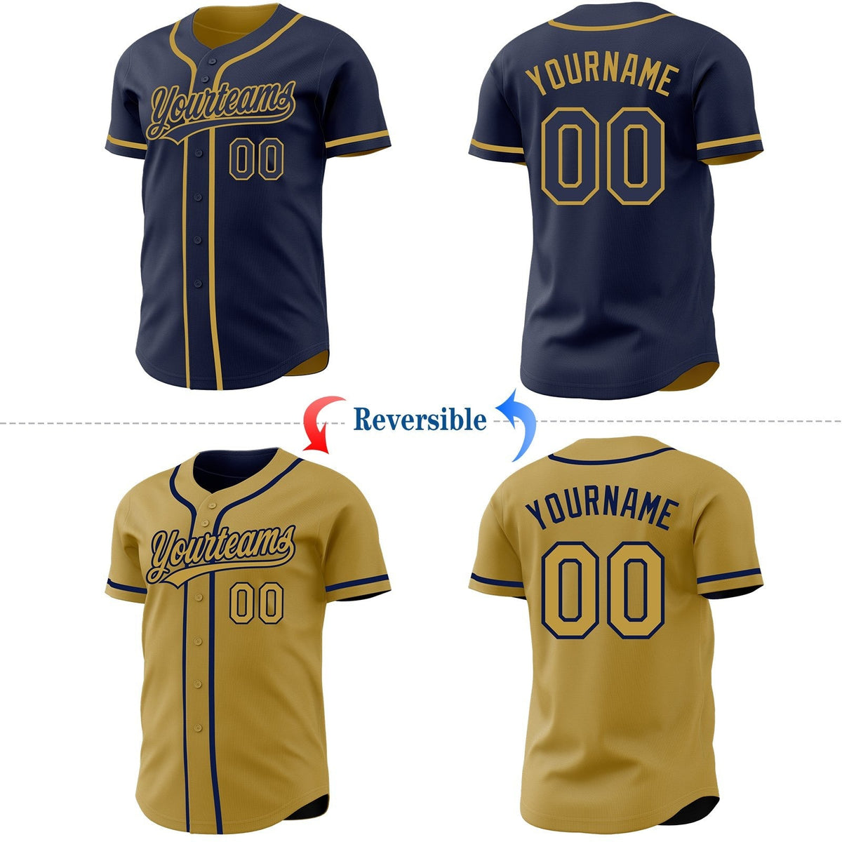 Custom Navy-Old Gold Reversible Button-Down Baseball Jersey photo 2