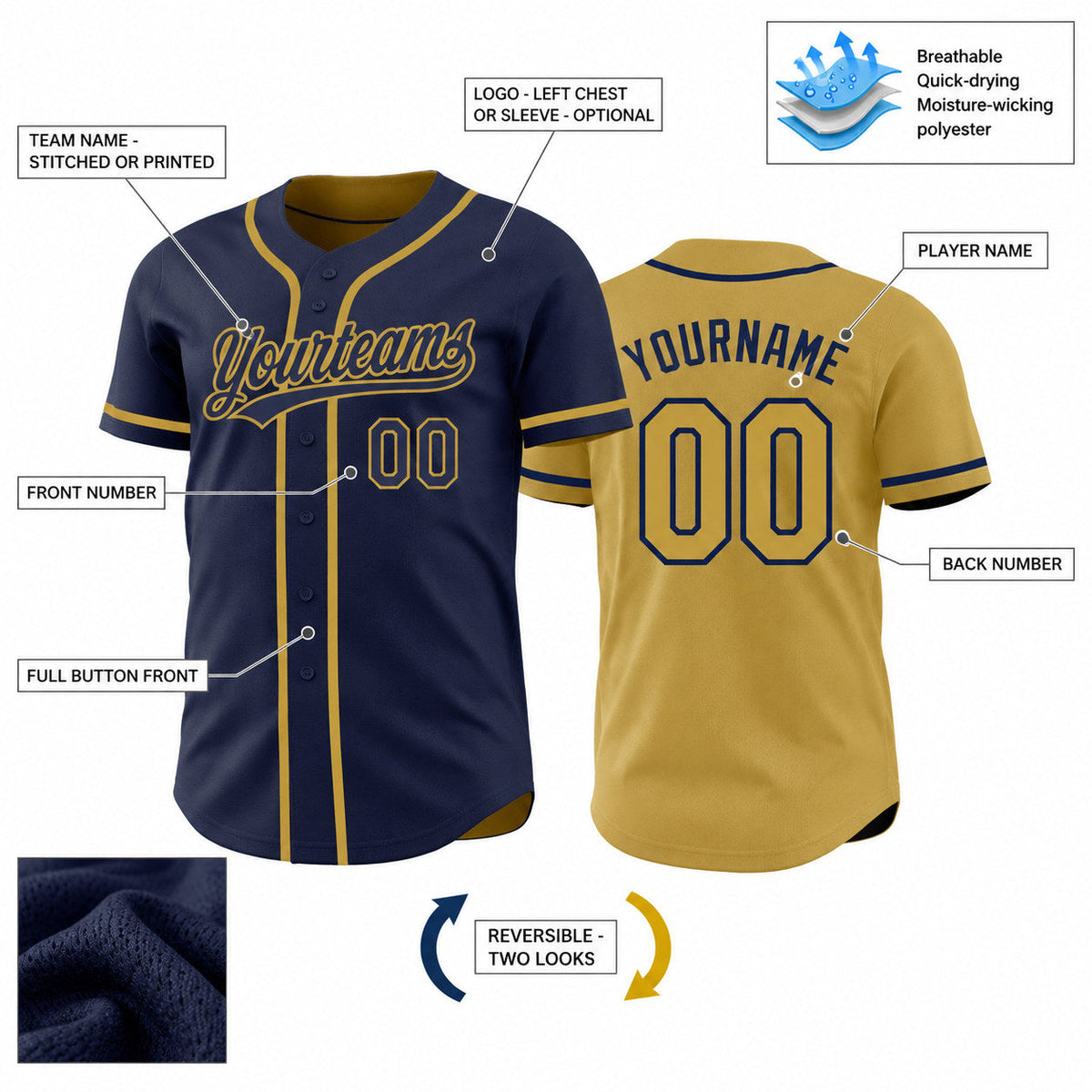Custom Navy and Old Gold Button Down Reversible Baseball Jersey customization guide