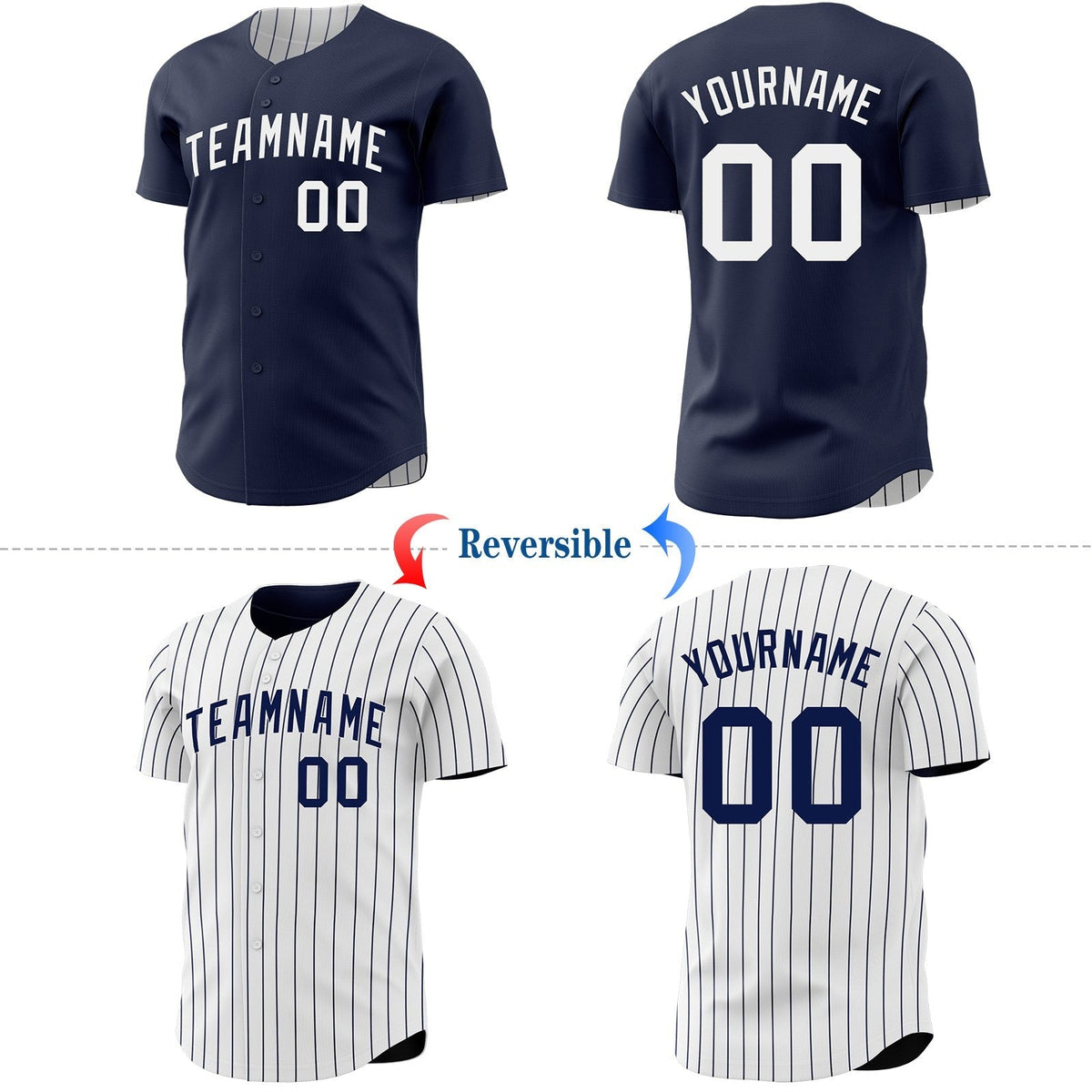 Custom Navy White Navy Pinstripe Reversible Button-Down Baseball Jersey photo 2