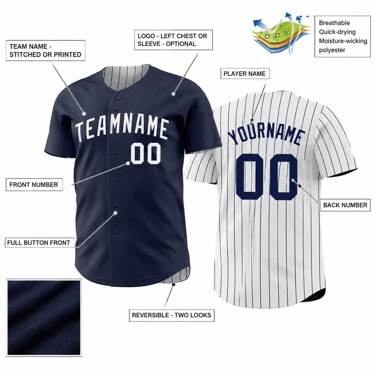 Custom Navy Button Down Pinstripe Reversible Baseball Jersey with White Lettering Design 1596 customization guide