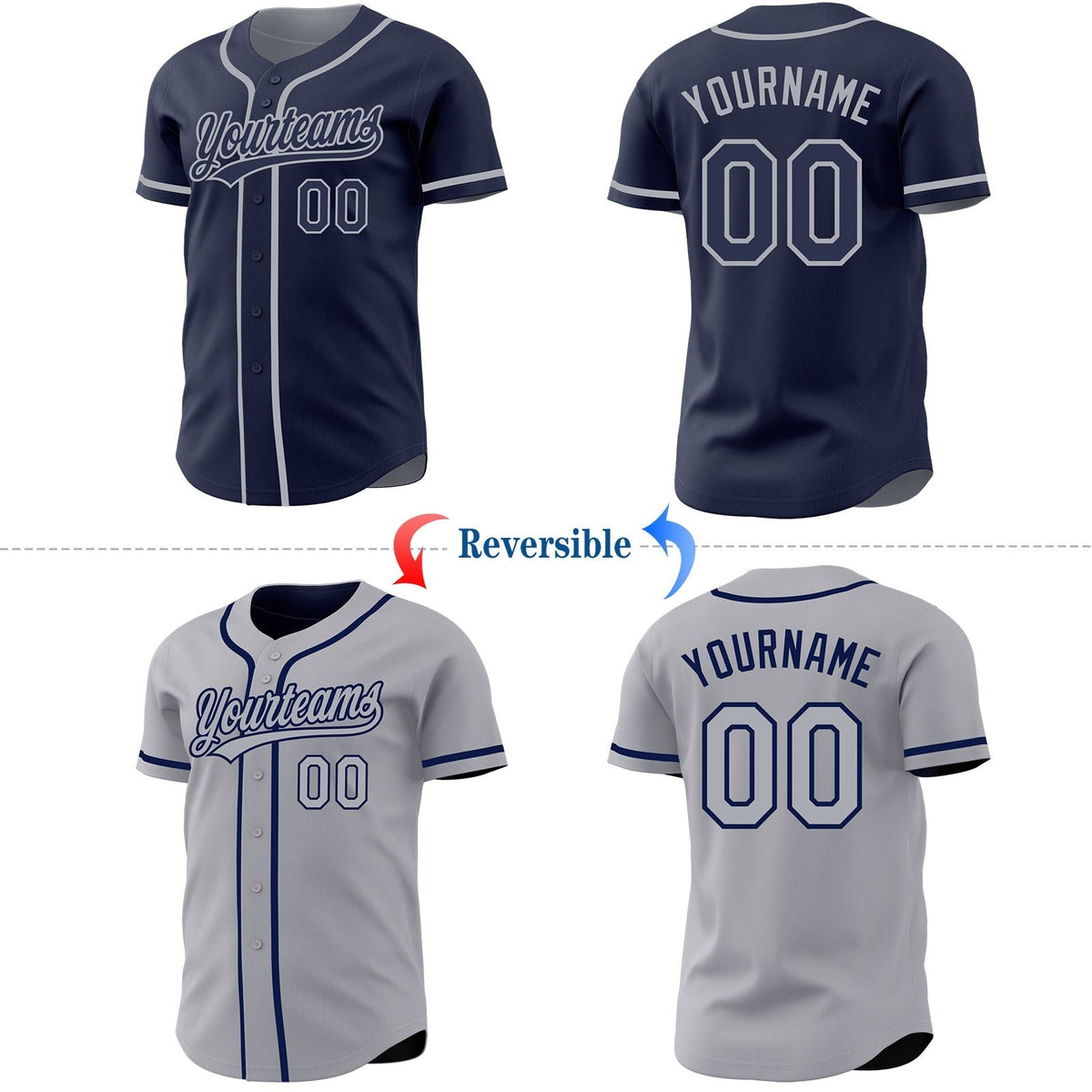 Custom Navy-Gray Reversible Button-Down Baseball Jersey photo 2