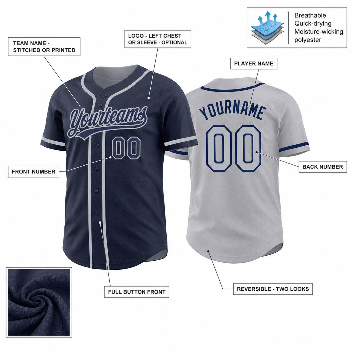 Custom Navy and Gray Button Down Reversible Baseball Jersey customization guide