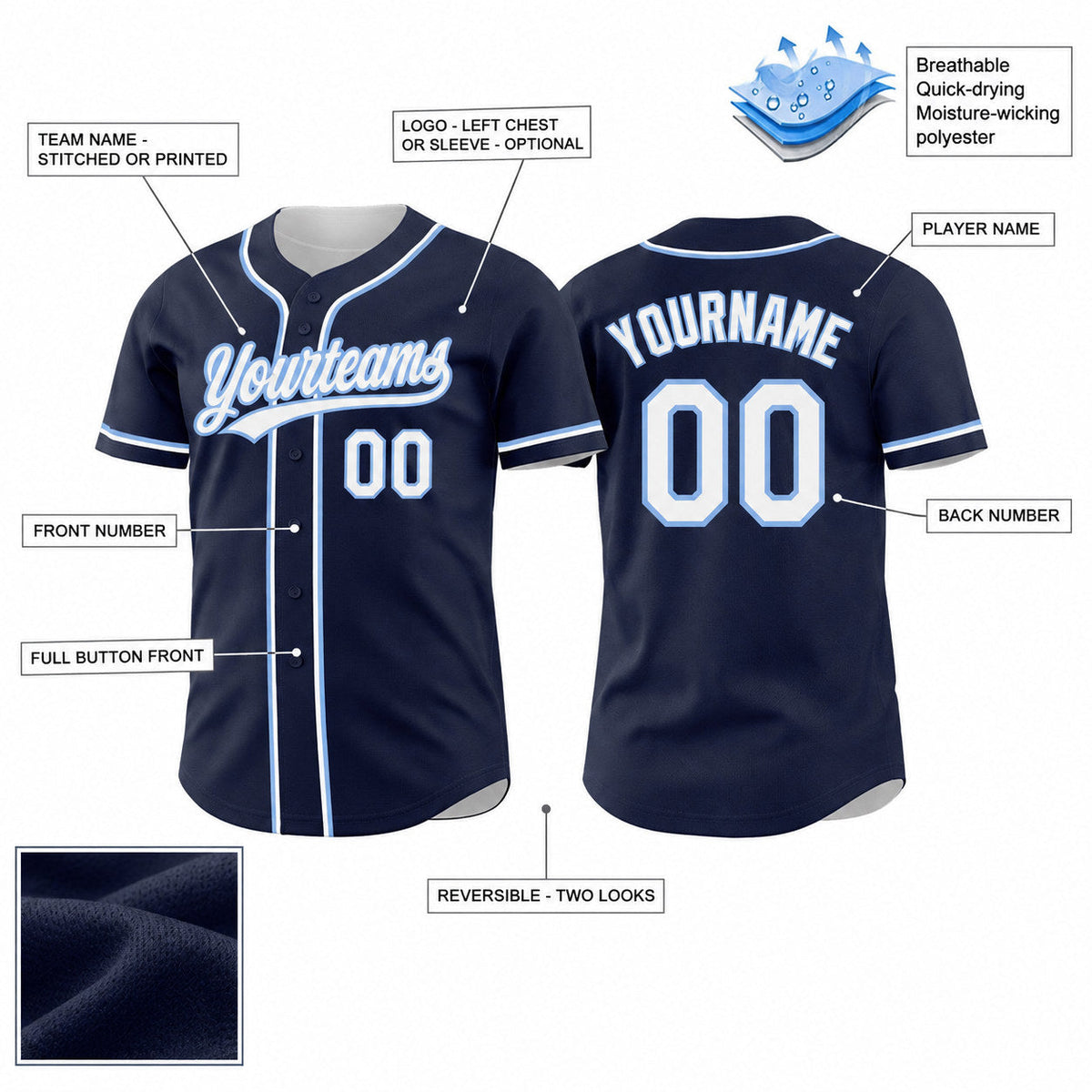 Custom Navy Button Down Reversible Baseball Jersey with White and Light Blue Lettering Design 1599 customization guide