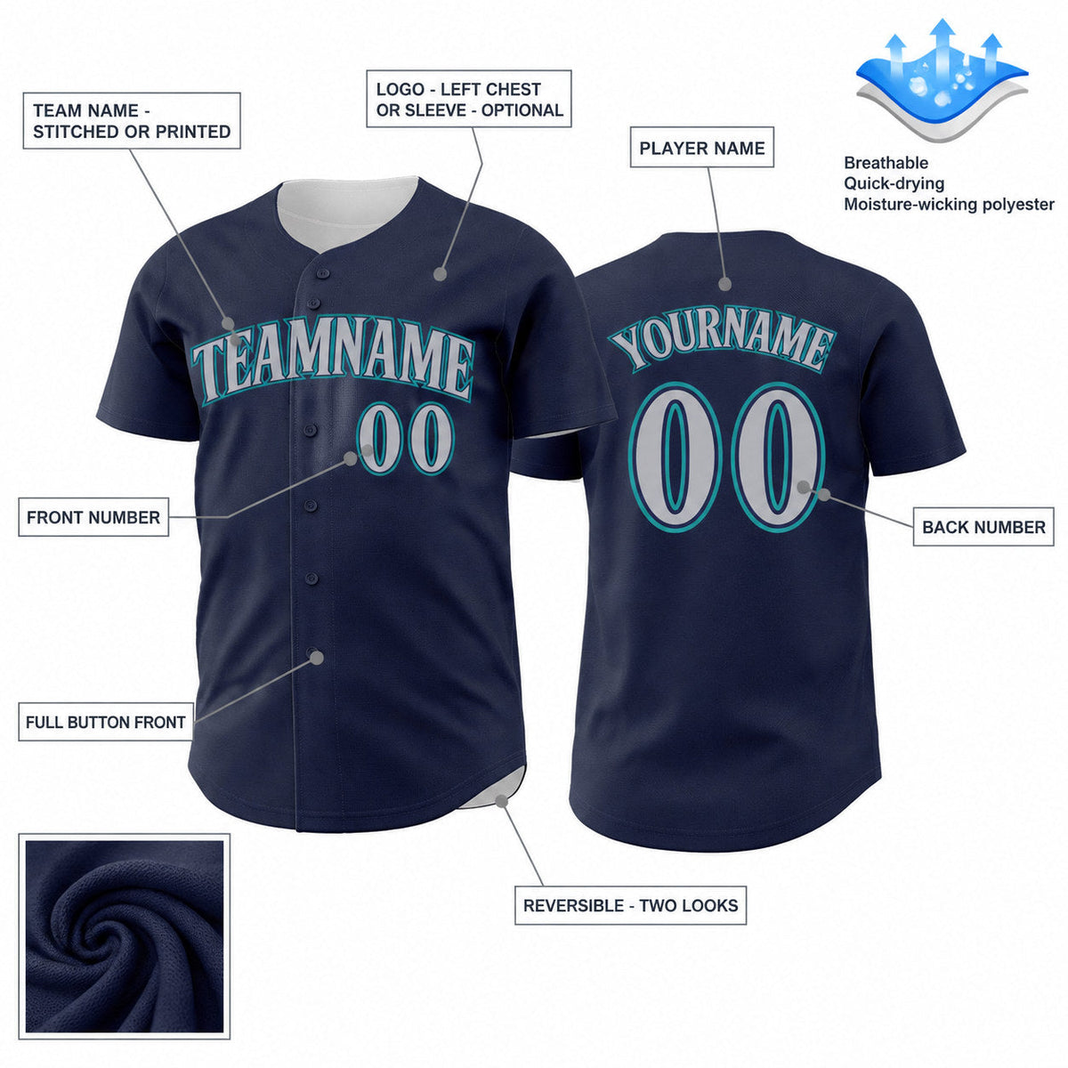 Custom Navy Button Down Reversible Baseball Jersey with Gray and Teal Lettering Design 1606 customization guide
