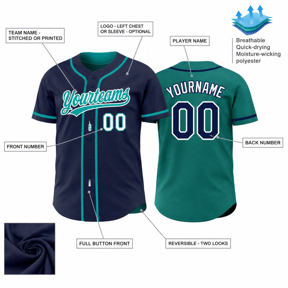 Custom Navy Button Down Reversible Baseball Jersey with Teal and White Lettering customization guide