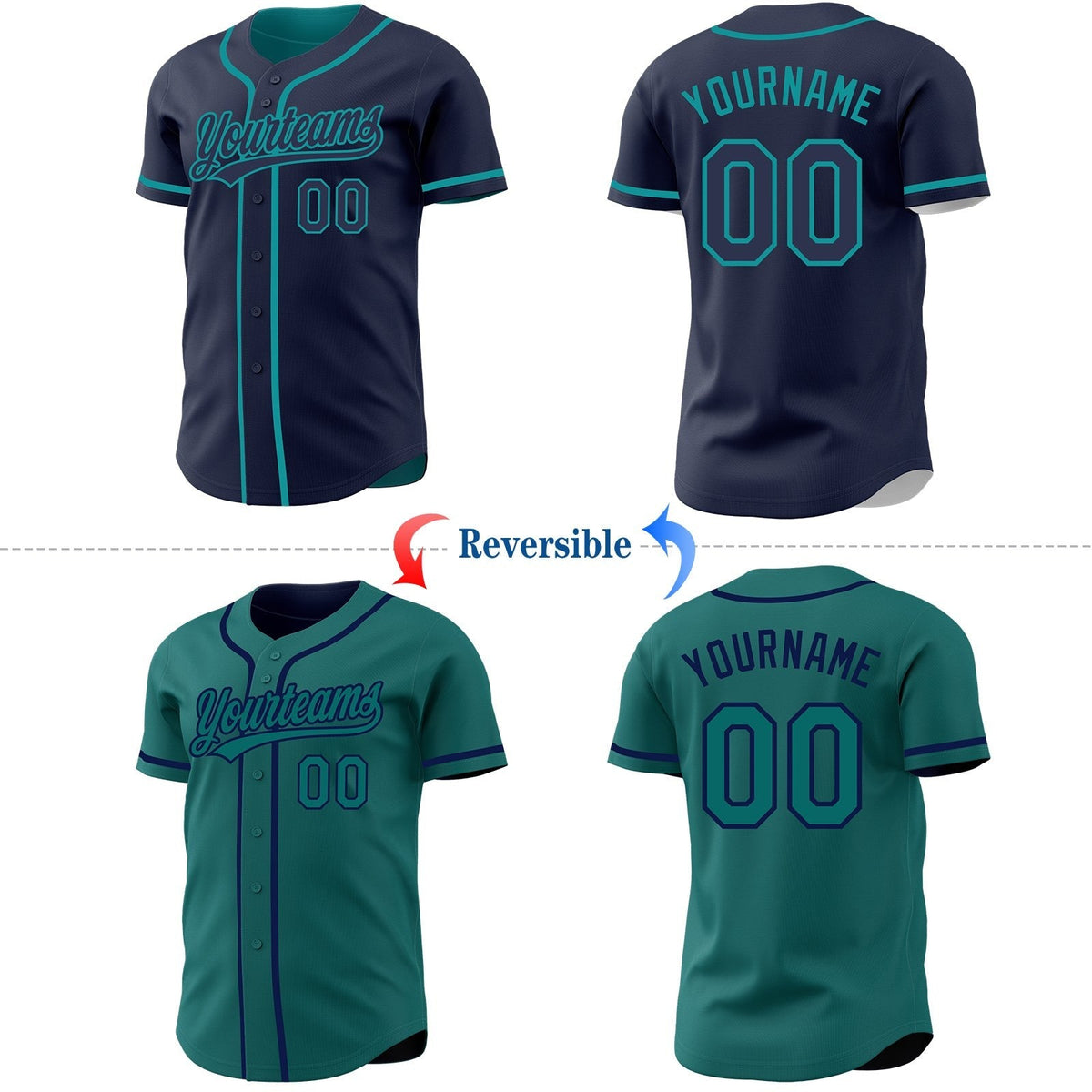 Custom Navy-Teal Reversible Button-Down Baseball Jersey photo 2