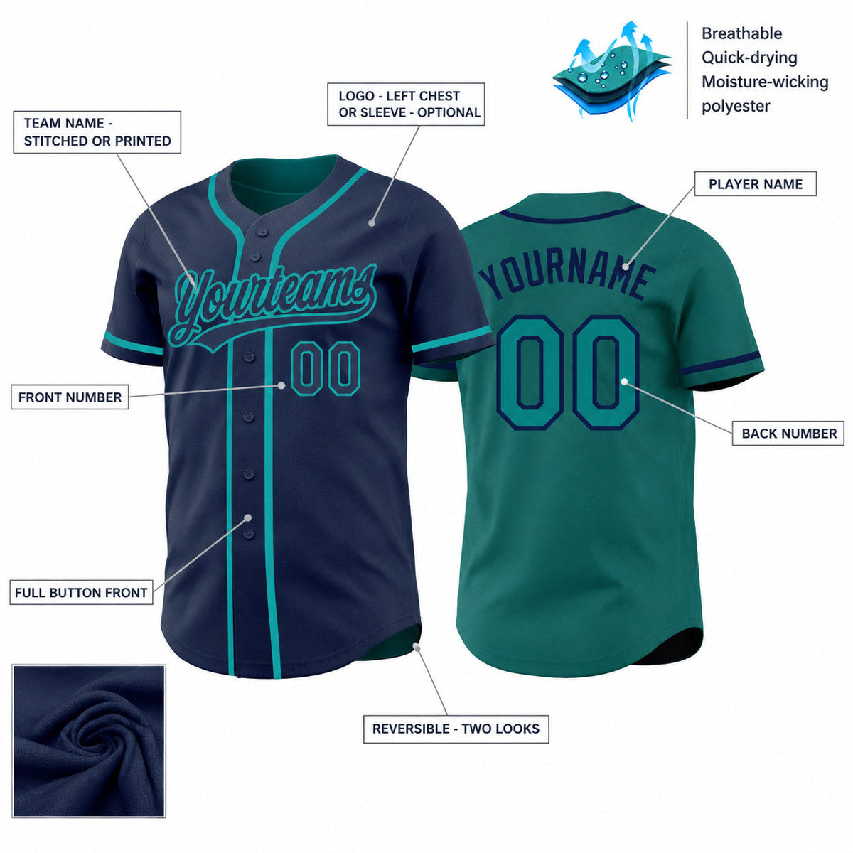 Custom Navy and Teal Button Down Reversible Baseball Jersey customization guide