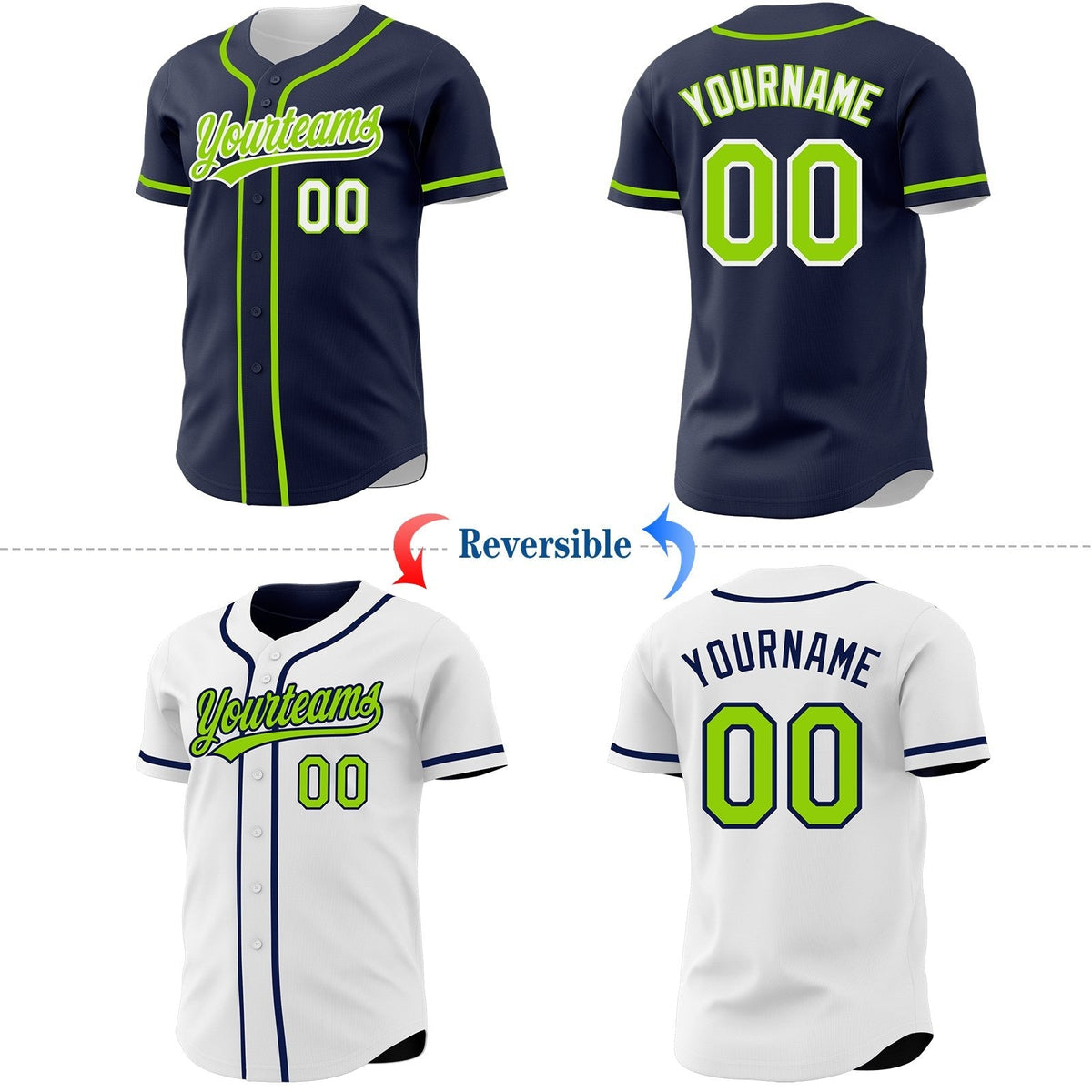 Custom Navy Neon Green-White Reversible Button-Down Baseball Jersey photo 2