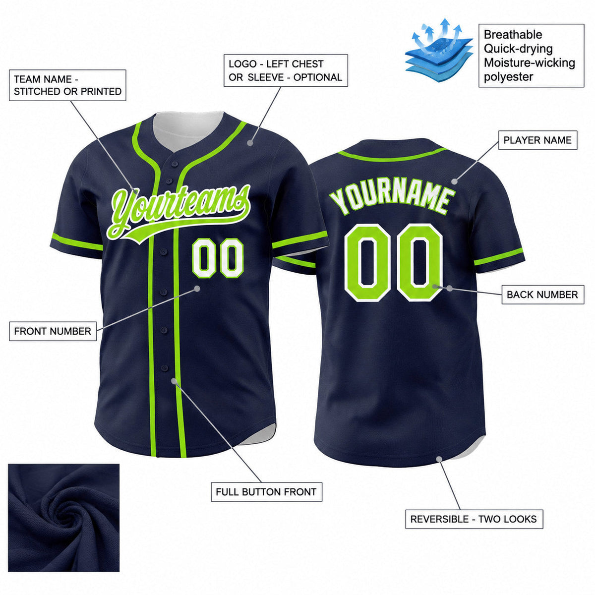 Custom Navy Button Down Reversible Baseball Jersey with Neon Green and White Lettering Design 1611 customization guide