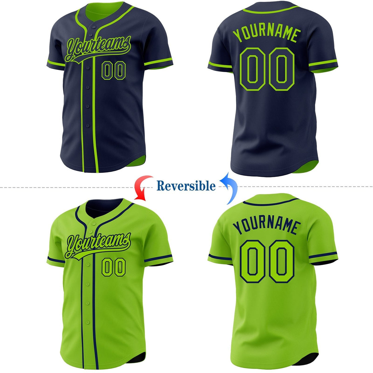 Custom Navy-Neon Green Reversible Button-Down Baseball Jersey photo 2