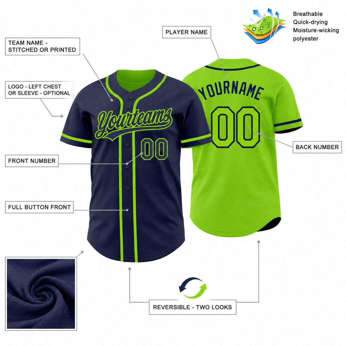 Custom Navy and Neon Green Button Down Reversible Baseball Jersey customization guide