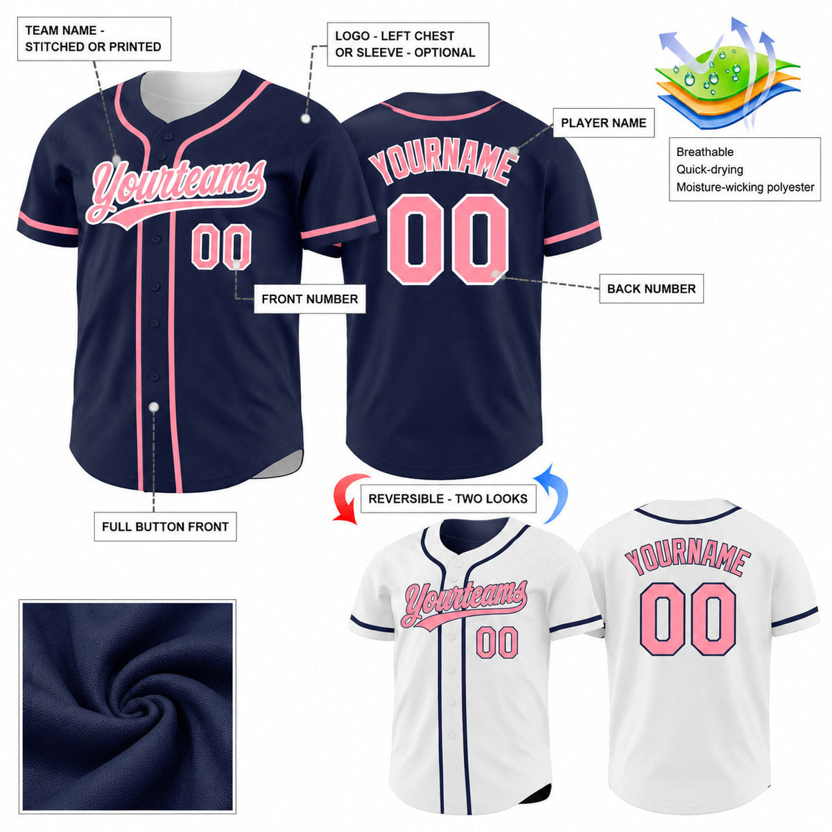 Custom Navy Button Down Reversible Baseball Jersey with Medium Pink and White Lettering customization guide