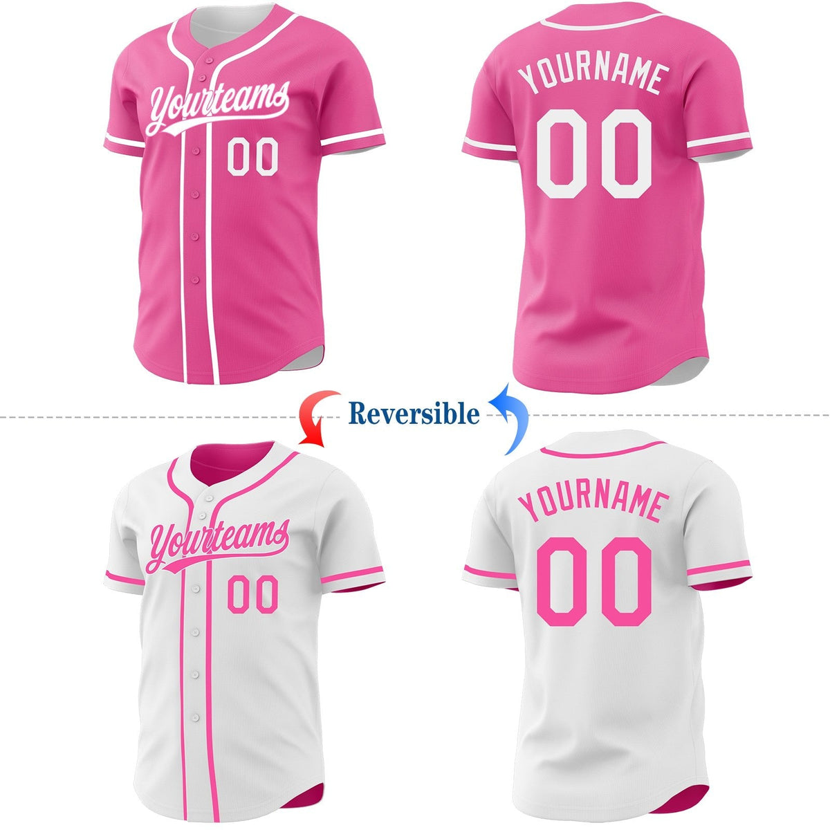 Custom Pink-White Reversible Button-Down Baseball Jersey photo 2