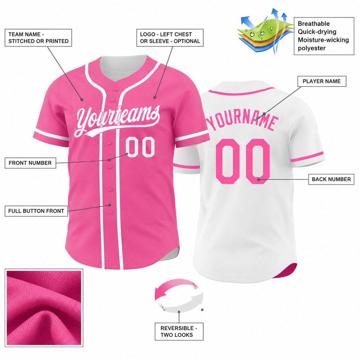 Custom Pink and White Button Down Reversible Baseball Jersey customization guide