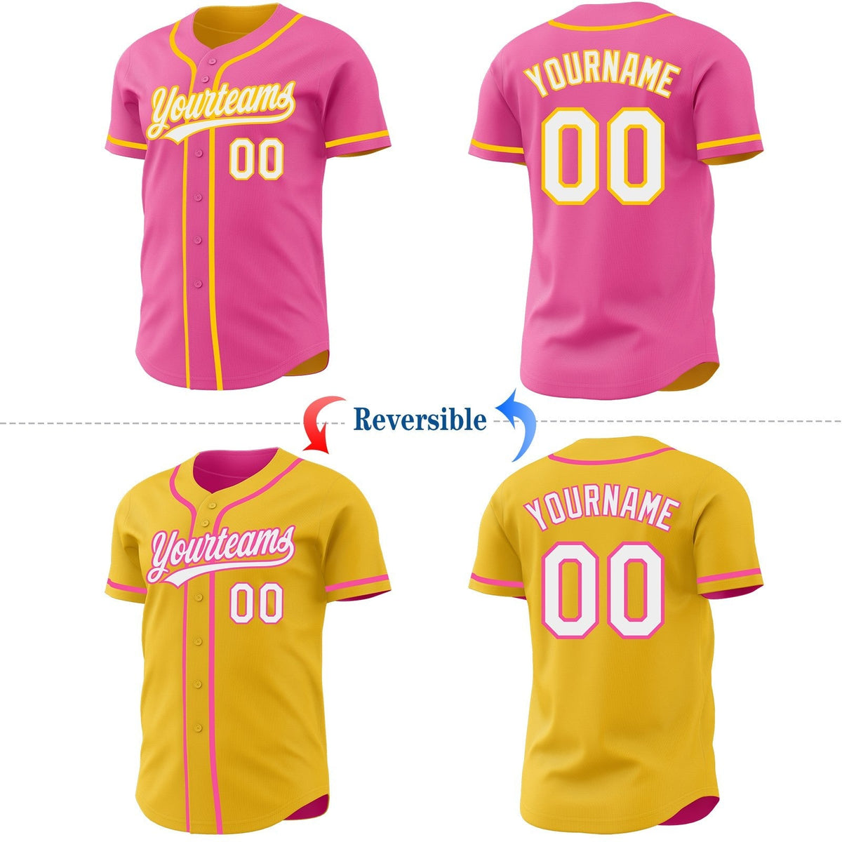 Custom Pink White-Yellow Reversible Button-Down Baseball Jersey photo 2
