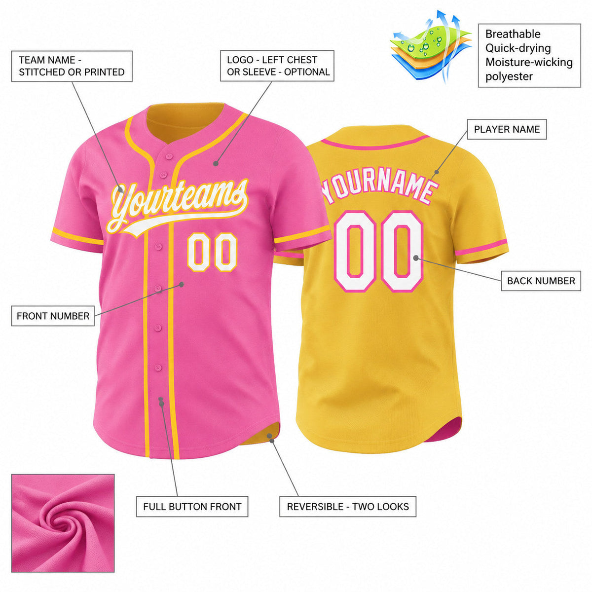 Custom Pink Button Down Reversible Baseball Jersey with White and Yellow Lettering customization guide
