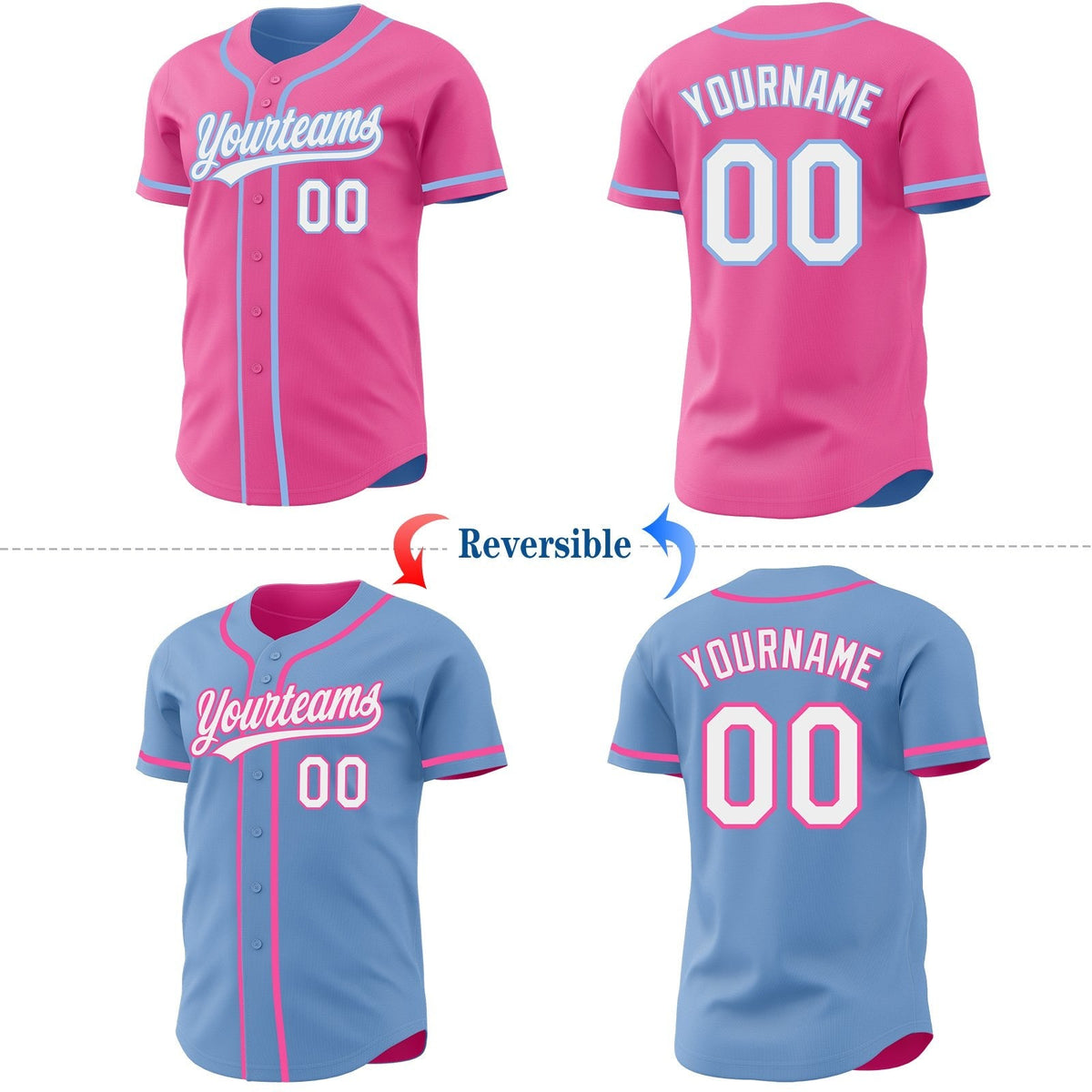 Custom Pink White-Light Blue Reversible Button-Down Baseball Jersey photo 2