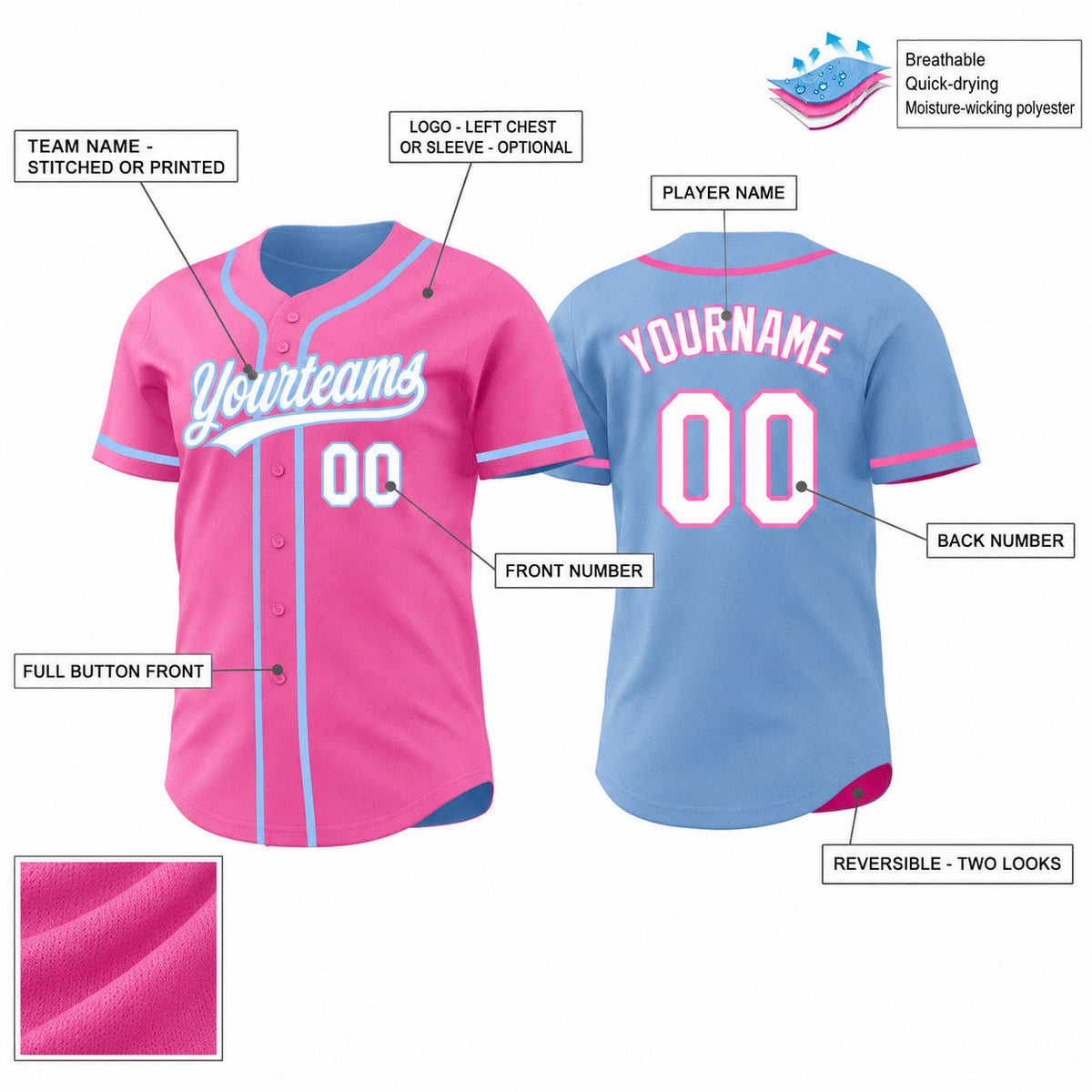 Custom Pink Button Down Reversible Baseball Jersey with White and Light Blue Lettering customization guide