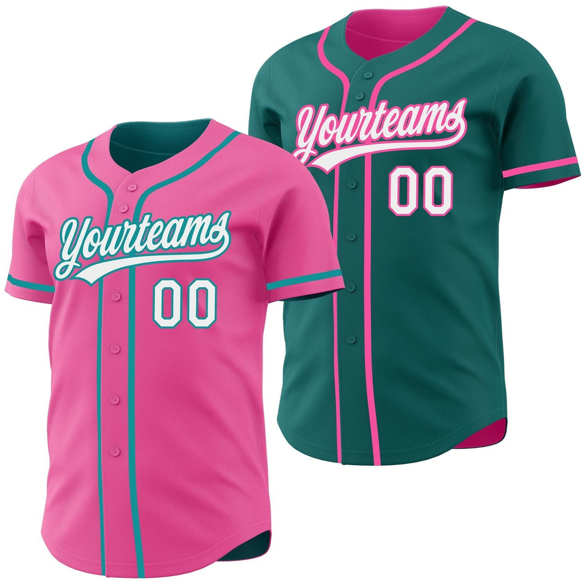 Custom Pink White-Teal Reversible Button-Down Baseball Jersey