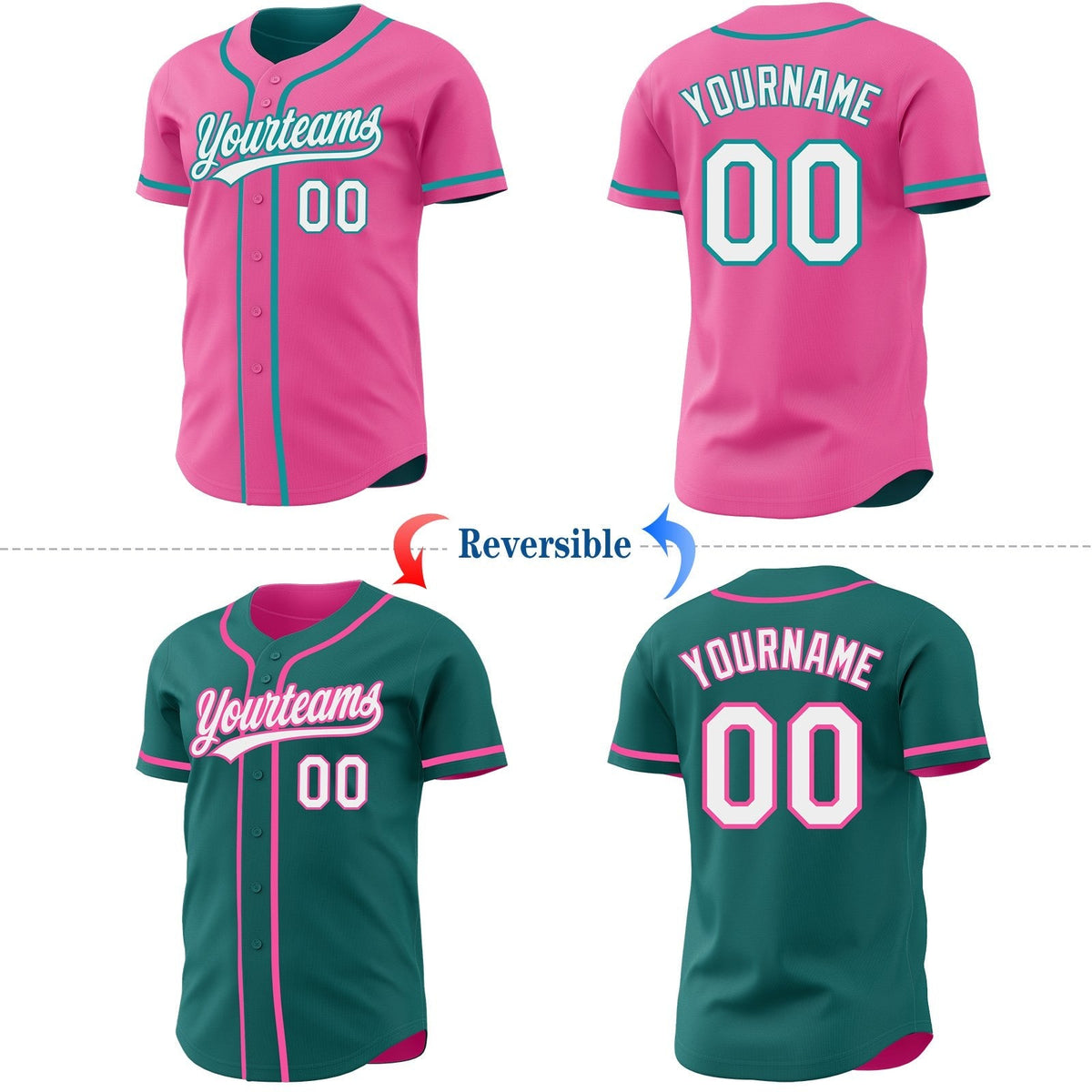 Custom Pink White-Teal Reversible Button-Down Baseball Jersey photo 2