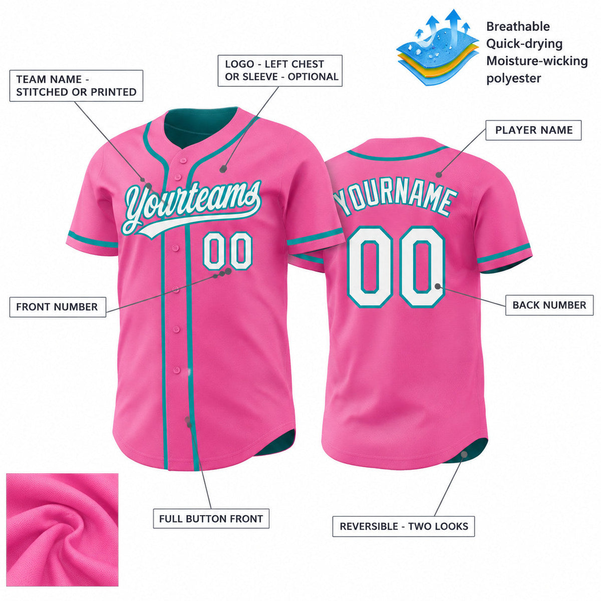 Custom Pink Button Down Reversible Baseball Jersey with White and Teal Lettering Design 1622 customization guide