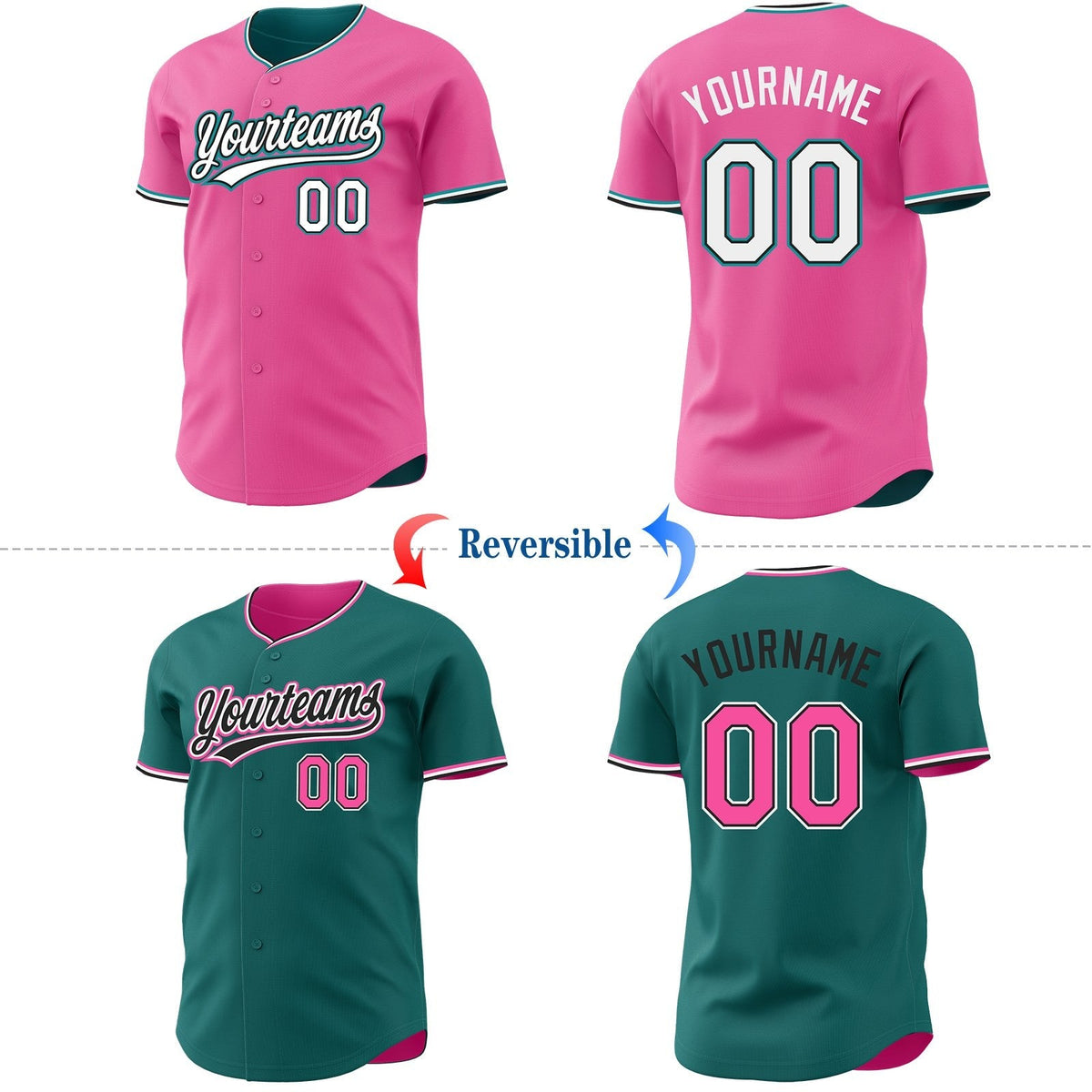 Custom Pink White Black-Teal Reversible Button-Down Baseball Jersey photo 2