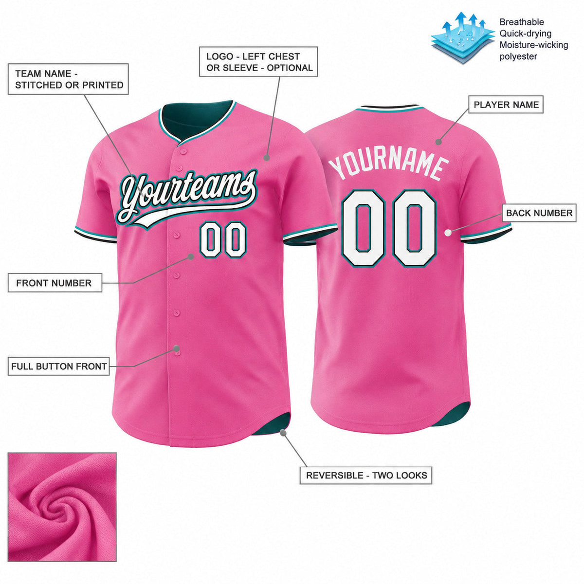 Custom Pink and White Button Down Reversible Baseball Jersey with Black and Teal Lettering customization guide