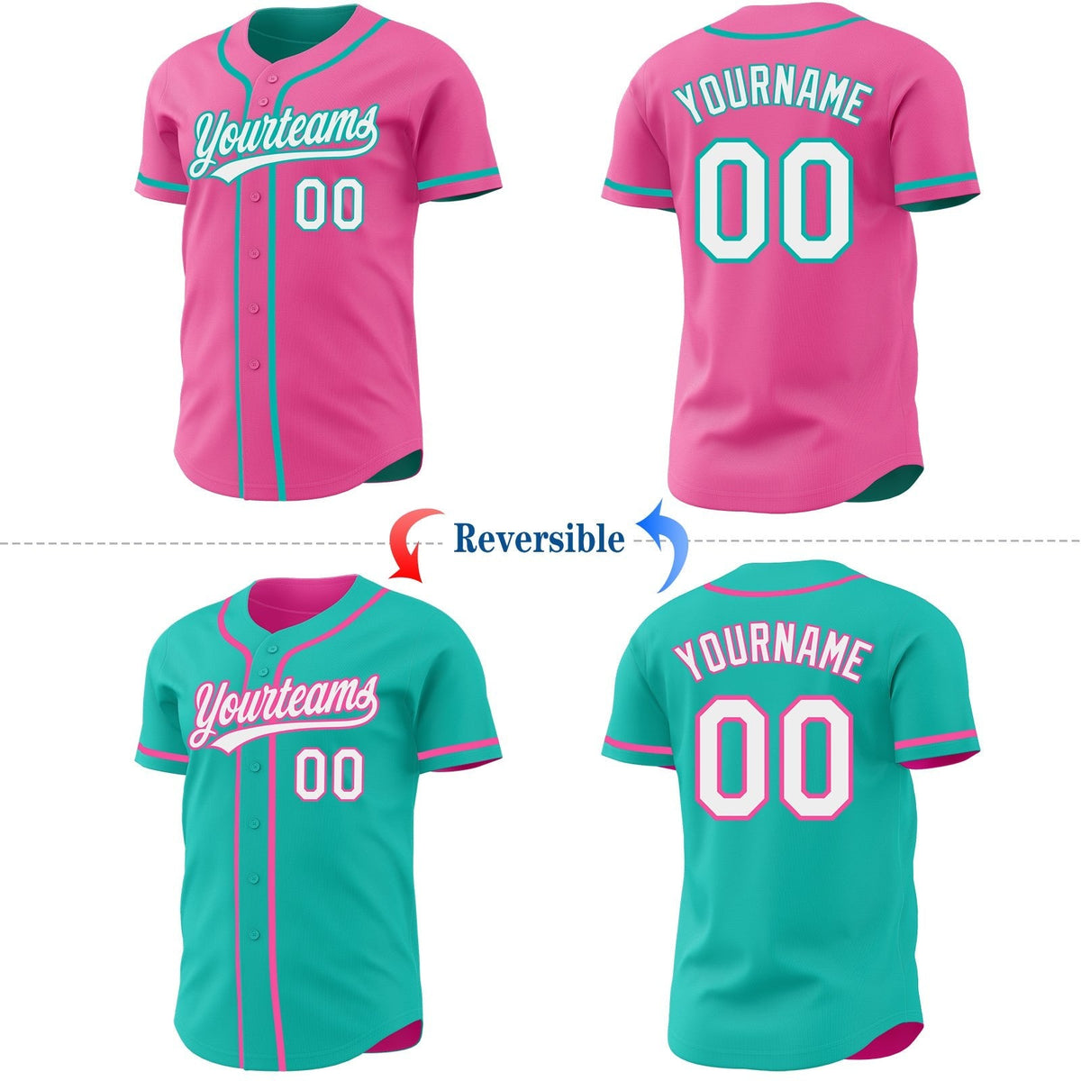 Custom Pink White-Aqua Reversible Button-Down Baseball Jersey photo 2