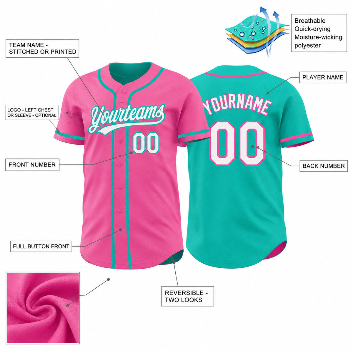 Custom Pink Button Down Reversible Baseball Jersey with White and Aqua Lettering customization guide