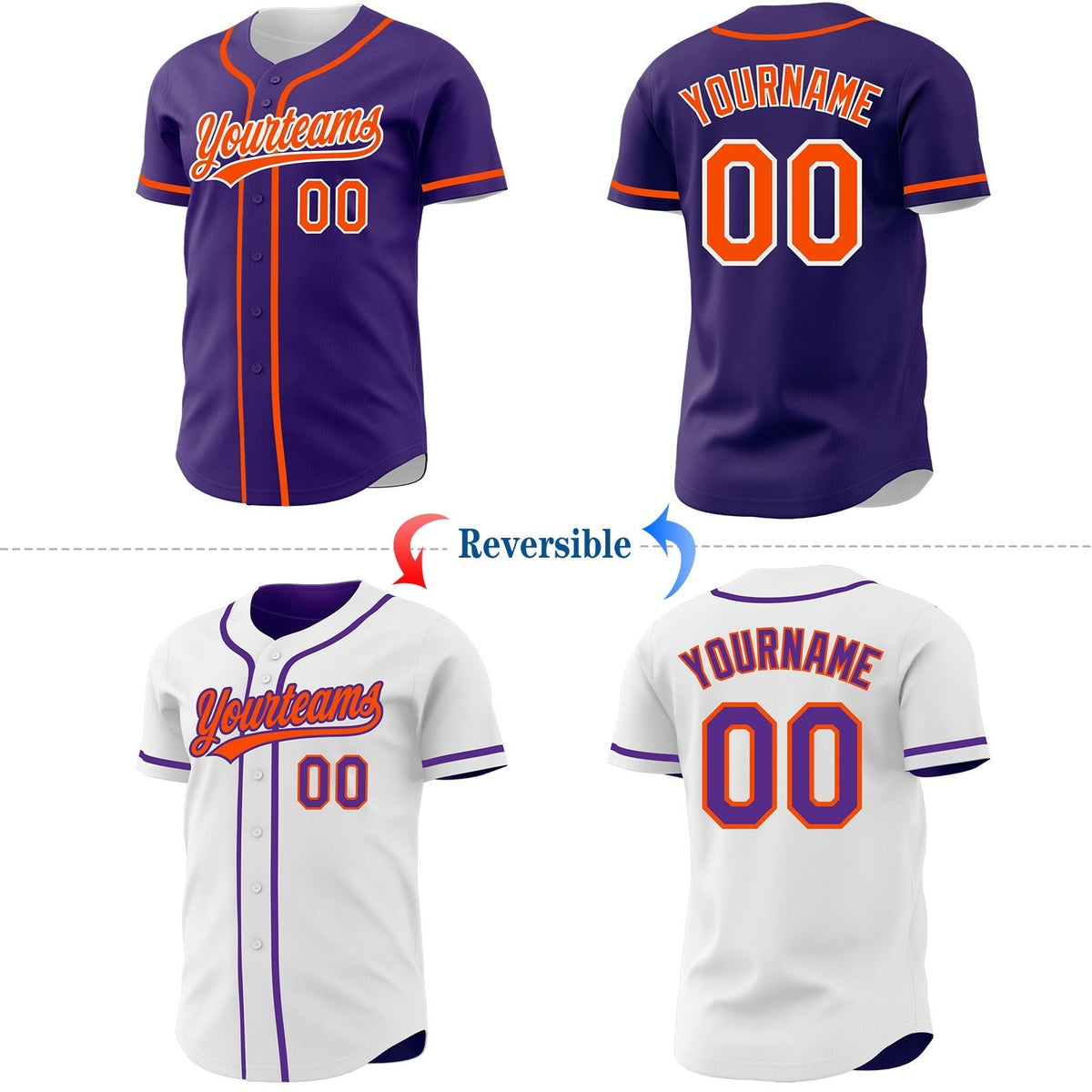 Custom Purple Orange-White Reversible Button-Down Baseball Jersey photo 2