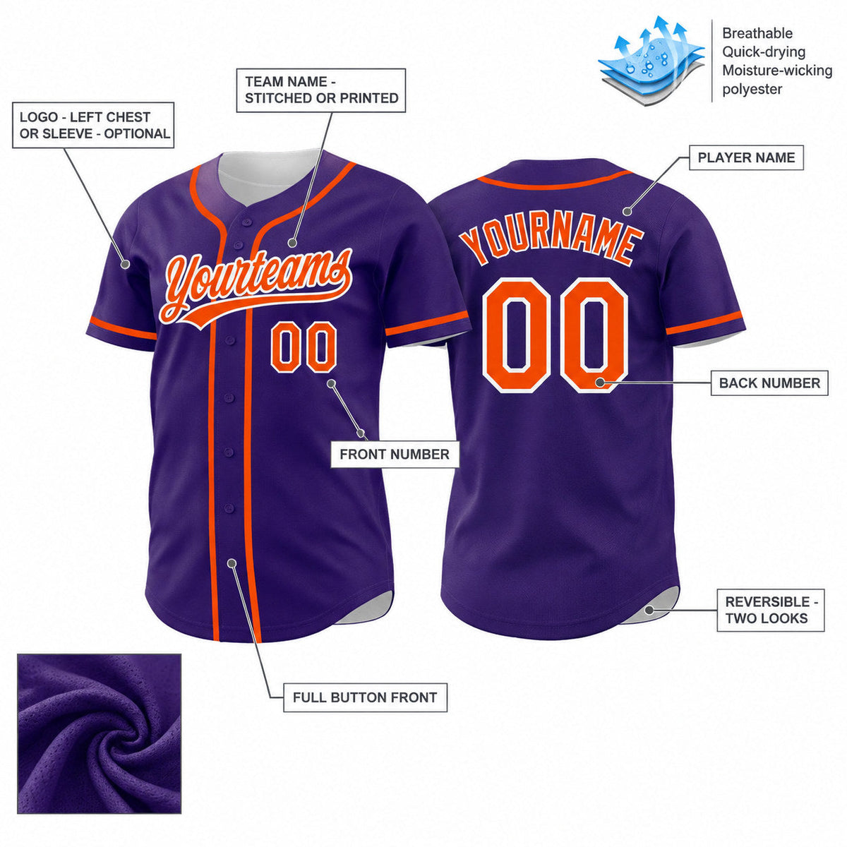 Custom Purple Button Down Reversible Baseball Jersey with Orange and White Lettering Design 1627 customization guide
