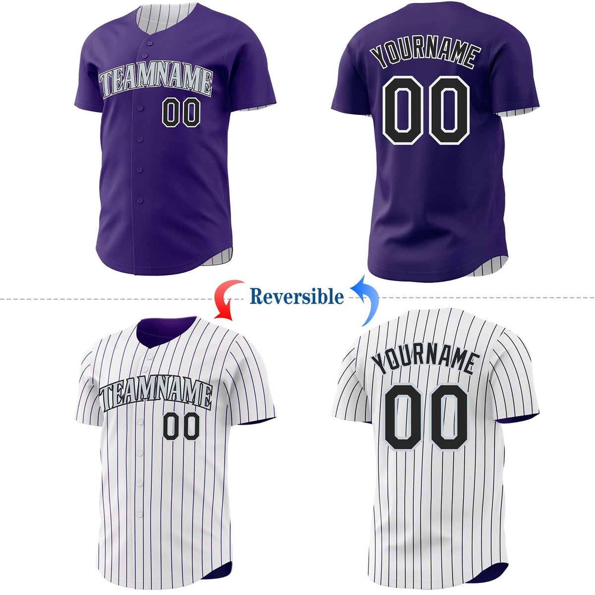 Custom Purple White Purple Pinstripe Reversible Button-Down Baseball Jersey photo 2