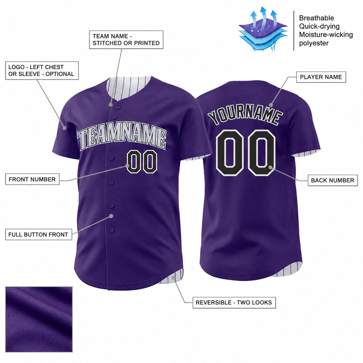 Custom Purple Button Down Pinstripe Reversible Baseball Jersey with White Lettering customization guide