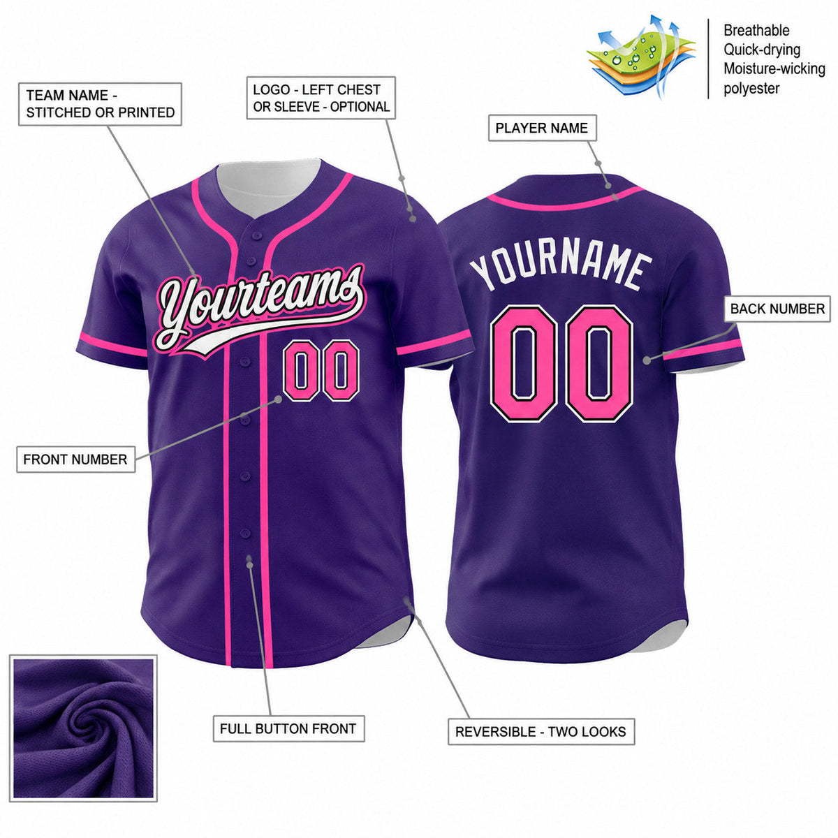 Custom Purple and Pink Button Down Reversible Baseball Jersey with Black and White Lettering customization guide