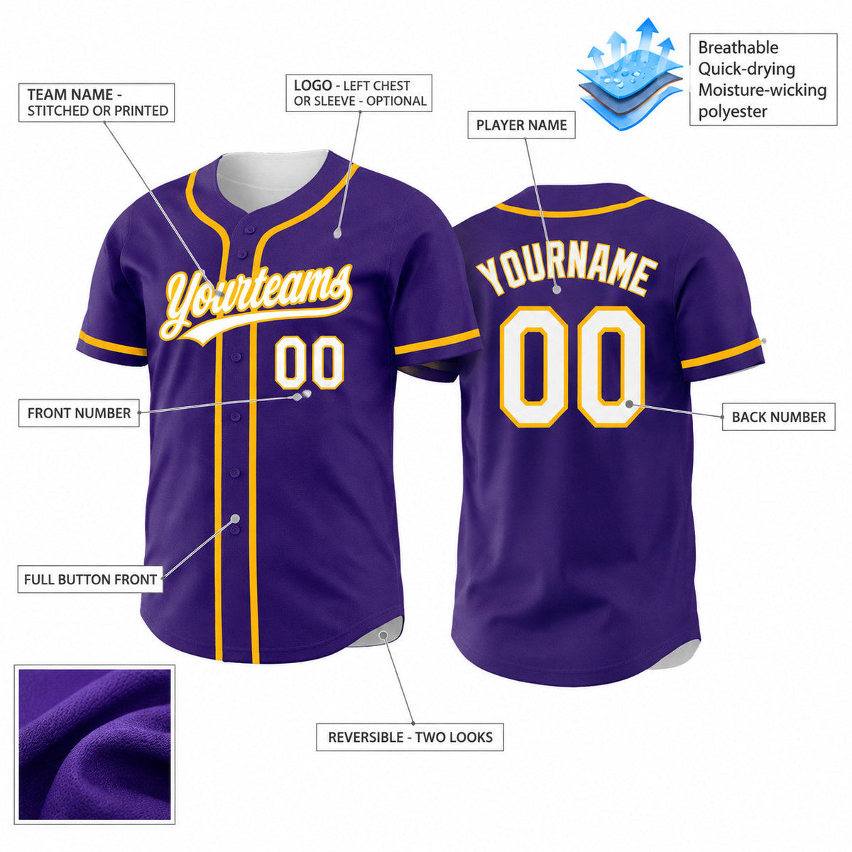 Custom Purple Button Down Reversible Baseball Jersey with White and Gold Lettering customization guide