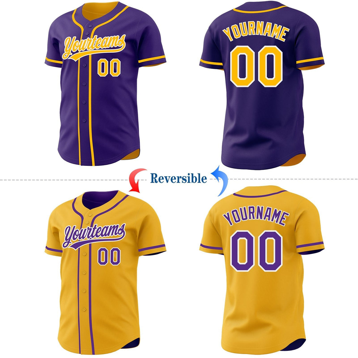 Custom Purple Gold-White Reversible Button-Down Baseball Jersey photo 2