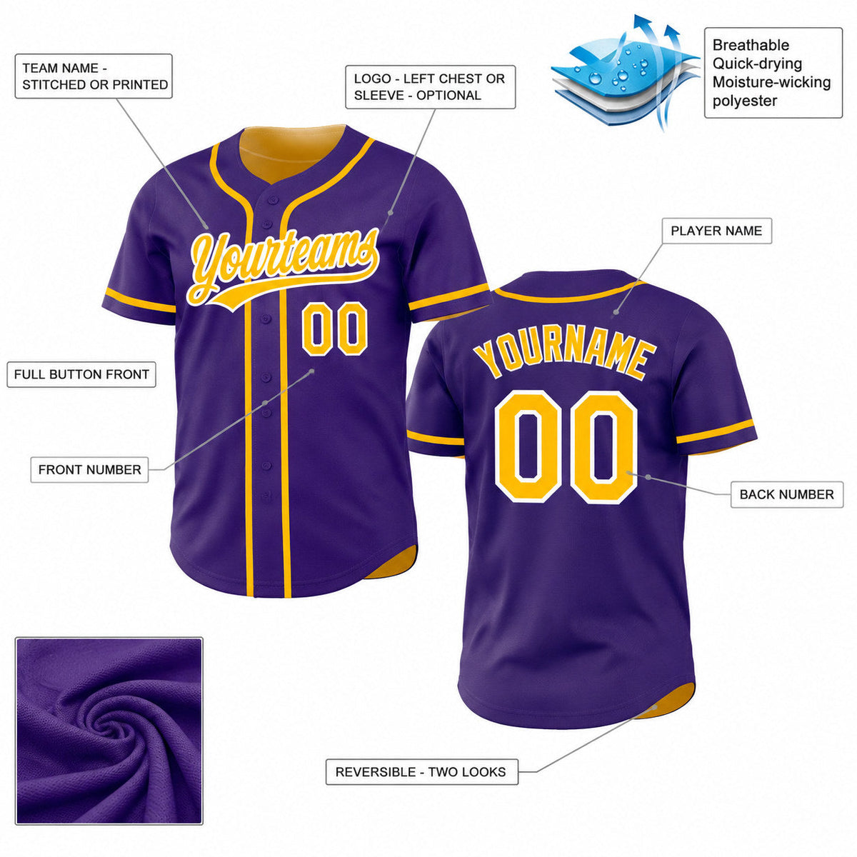Custom Purple Button Down Reversible Baseball Jersey with Gold and White Lettering customization guide
