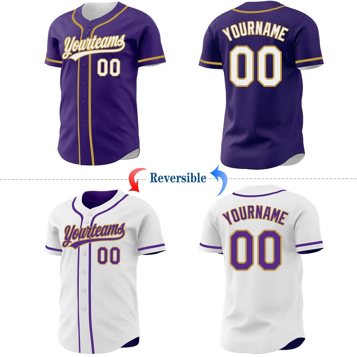 Custom Purple White-Old Gold Reversible Button-Down Baseball Jersey photo 2