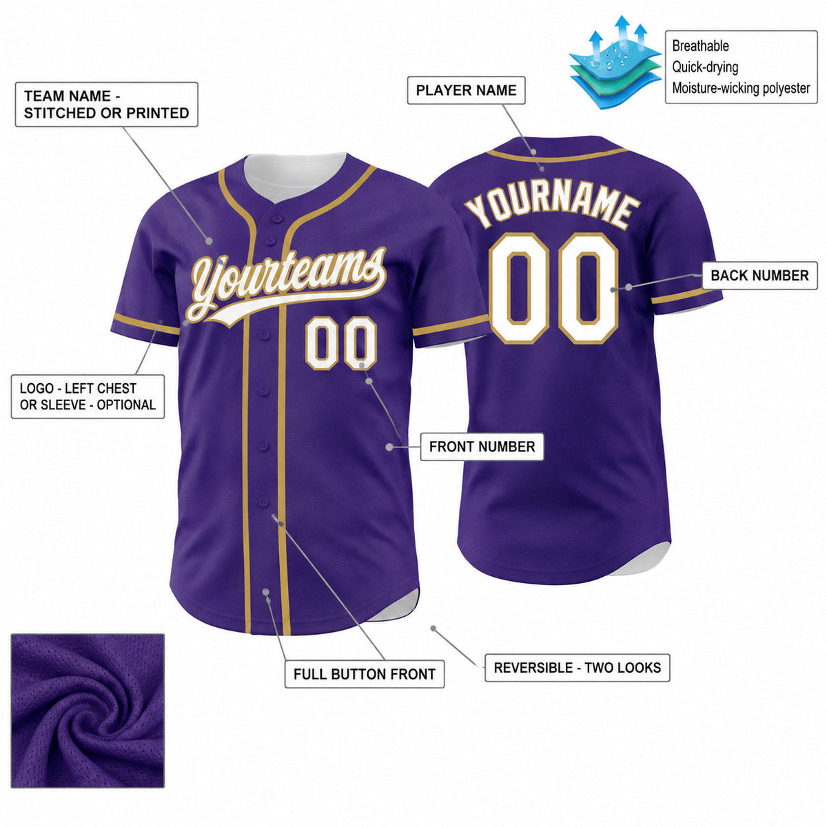 Custom Purple Button Down Reversible Baseball Jersey with White and Old Gold Lettering customization guide