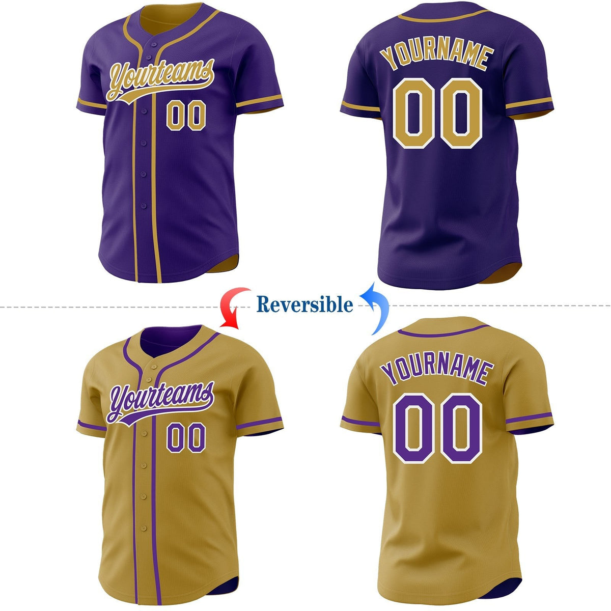 Custom Purple Old Gold-White Reversible Button-Down Baseball Jersey photo 2